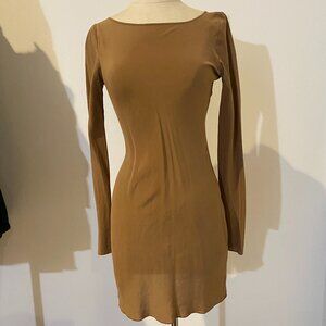 Elizabeth and James Tan Brown Silk Long sleeve silk slip Mini dress